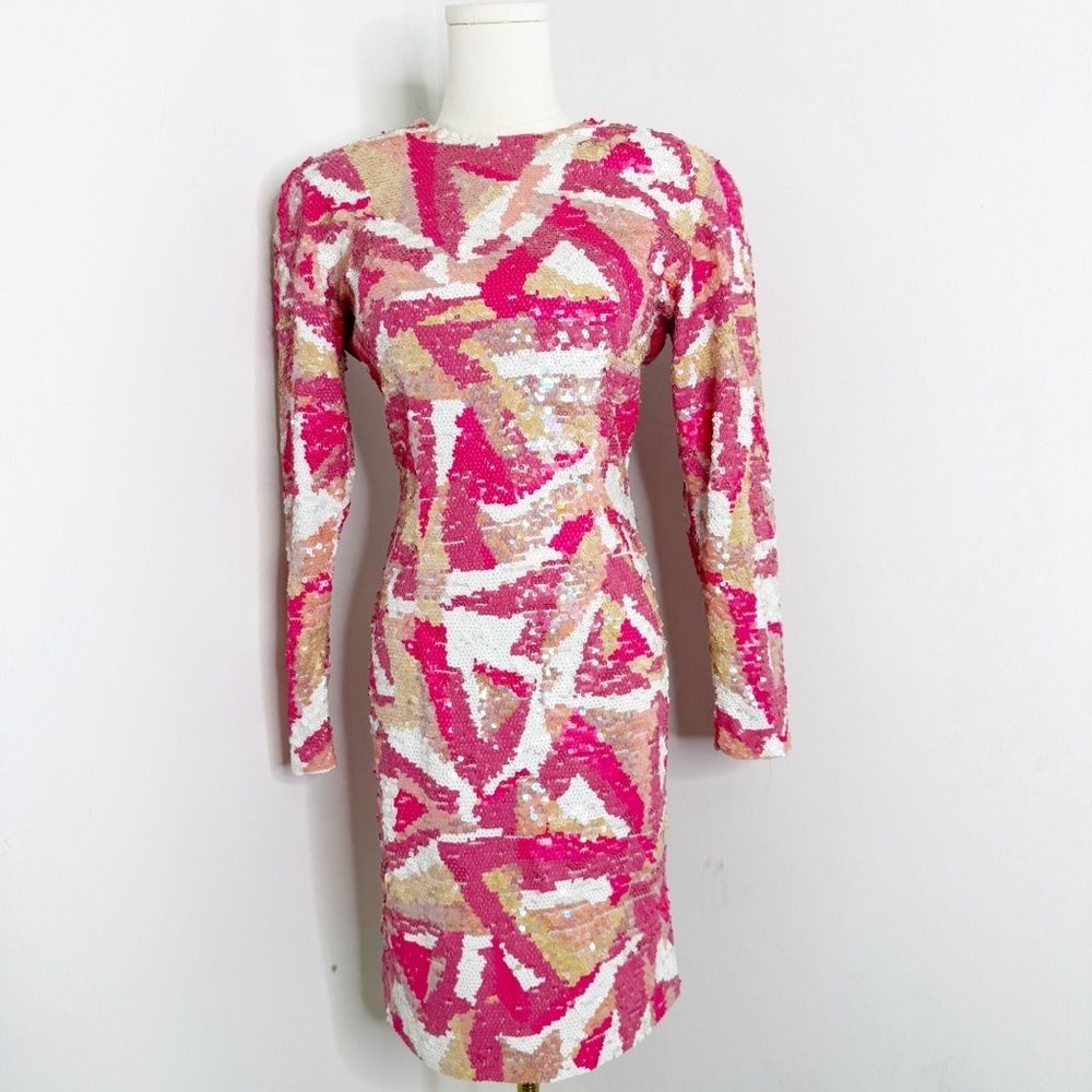 Vintage Lillie Rubin Pink Sequin Mini Dress Deep V Back Party Cocktail Size 4